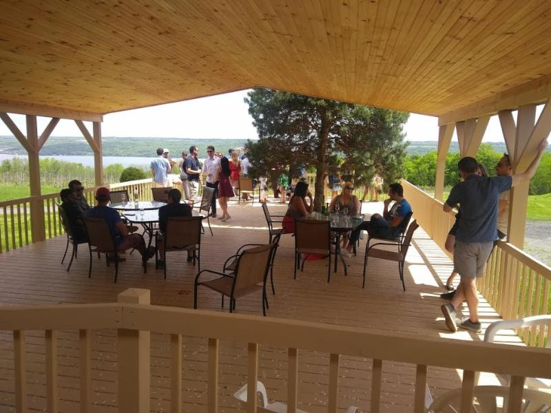 Seated and standing guests enjoy wine and company on the deck, with Cayuga Lake in the background