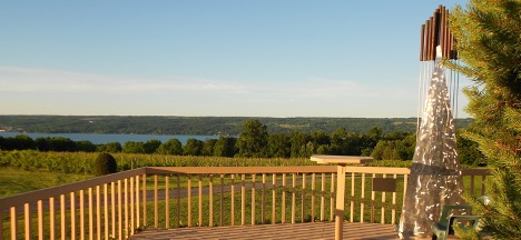 View from the Frontenac Point deck. The decorative stay sail is visible past the pine tree in the center of the deck. The vineyard and Cayuga lake are visible in the background.