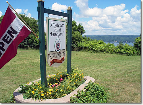 The Frontenac Point Vineyard sign overlooking Cayuga Lake